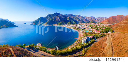 Icmeler town beach aerial panoramic view in Turkey 132991244