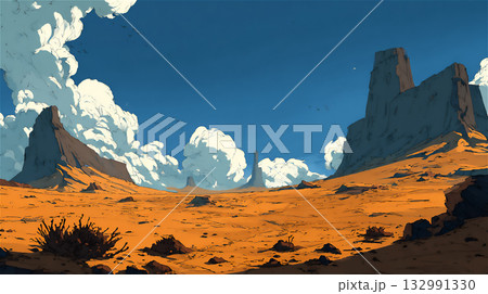 広大な砂漠の風景と青空 広大な砂漠の風景と青空 132991330