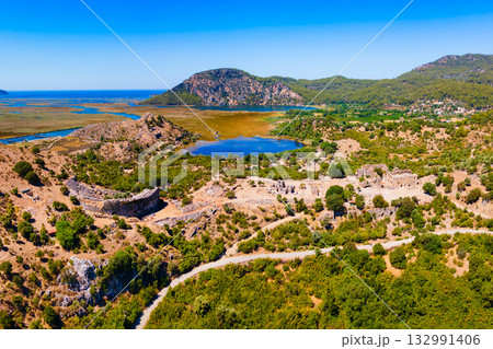 Kaunos ancient city aerial panoramic view near Dalyan, Turkey Kaunos ancient city aerial panoramic view near Dalyan, Turkey 132991406