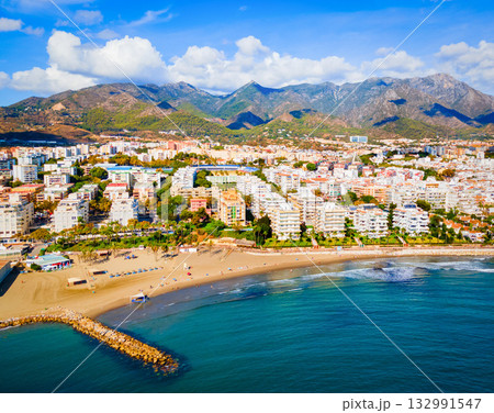Marbella city beach and port aerial panoramic view 132991547