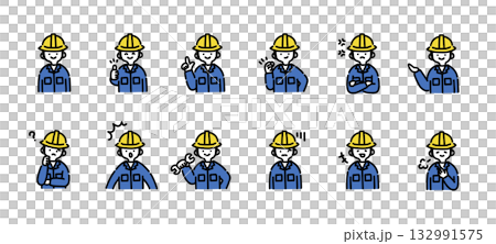 手書きイラスト:黄色いヘルメットを被った様々な表情の作業員 手書きイラスト:黄色いヘルメットを被った様々な表情の作業員 132991575