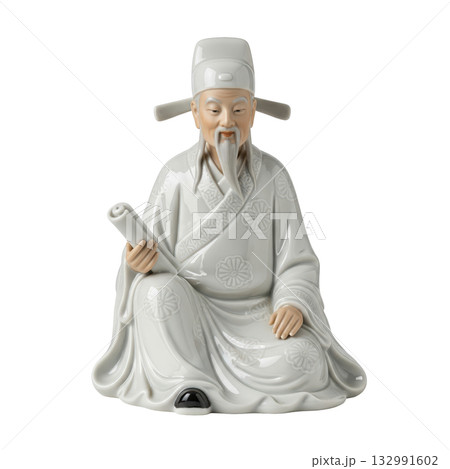 Porcelain figurine of a wise old chinese philosopher in a traditional robe holding a scroll 132991602