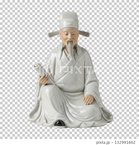 Porcelain figurine of a wise old chinese philosopher in a traditional robe holding a scroll 132991602