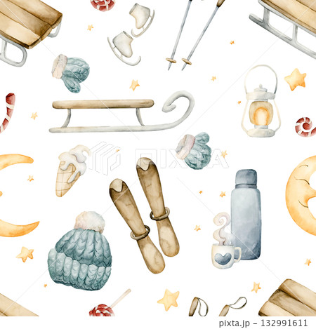 Sleigh, skis, ice skates, winter funs seamless pattern. Watercolor hand drawn illustration isolated on white background or cozy sport design Christmas card kids fabric holiday textile wrapping paper Sleigh, skis, ice skates, winter funs seamless pattern. Watercolor hand drawn illustration isolated on white background or cozy sport design Christmas card kids fabric holiday textile wrapping paper 132991611