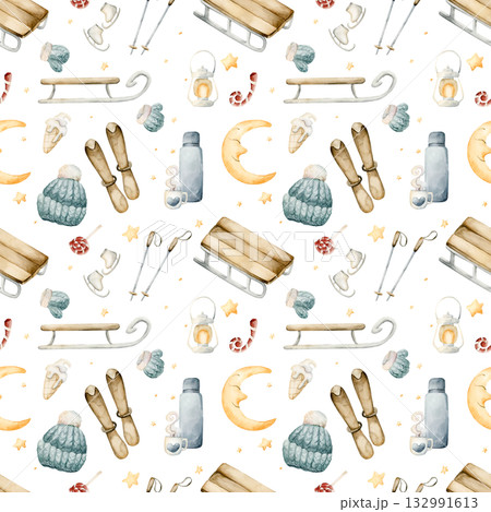 Sleigh, skis, ice skates, winter funs seamless pattern. Watercolor hand drawn illustration isolated on white background or cozy sport design Christmas card kids fabric holiday textile wrapping paper 132991613