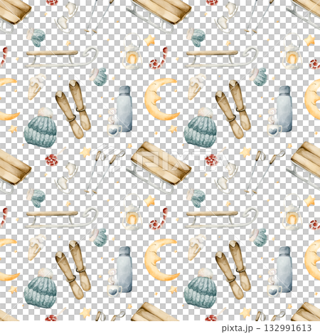 Sleigh, skis, ice skates, winter funs seamless pattern. Watercolor hand drawn illustration isolated on white background or cozy sport design Christmas card kids fabric holiday textile wrapping paper 132991613