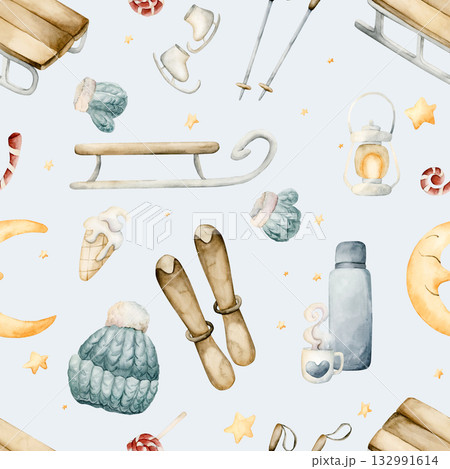 Sleigh, skis, ice skates, winter funs seamless pattern. Watercolor hand drawn illustration isolated on blue background for cozy sport design Christmas card kids fabric holiday textile wrapping paper Sleigh, skis, ice skates, winter funs seamless pattern. Watercolor hand drawn illustration isolated on blue background for cozy sport design Christmas card kids fabric holiday textile wrapping paper 132991614