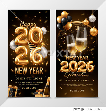 Vertical realistic new year 2026 greeting card realistic set Vertical realistic new year 2026 greeting card realistic set 132991669