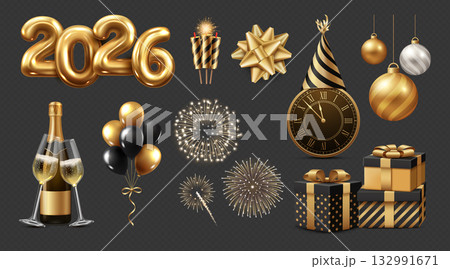 Golden black new year 2026 icon set realistic collection Golden black new year 2026 icon set realistic collection 132991671