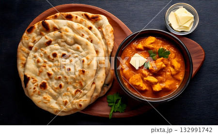 Pakistan food, Freshly baked naan bread with a side of butter and a bowl of rich chicken karahi 132991742
