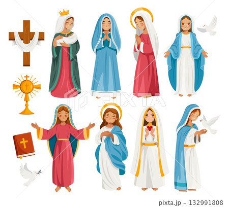 Original set of virgin mary figures and religious symbol illustrations flat cartoon 132991808
