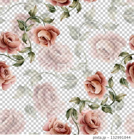 Roses with leaves seamless pattern on white background. Dusty pink garden Victorian flower. Watercolor hand painted floral illustration for wedding design home textile fabric cosmetic package wrapping Roses with leaves seamless pattern on white background. Dusty pink garden Victorian flower. Watercolor hand painted floral illustration for wedding design home textile fabric cosmetic package wrapping 132991844