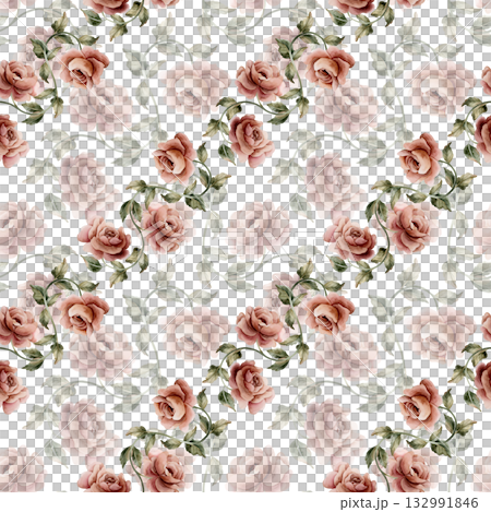 Roses with leaves seamless pattern on white background. Dusty pink garden Victorian flower. Watercolor hand painted floral illustration for wedding design home textile fabric cosmetic package wrapping 132991846