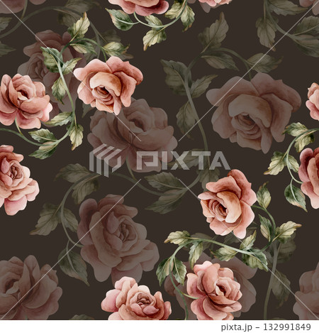 Roses with leaves seamless pattern on dark background. Dusty pink garden Victorian flower. Watercolor hand painted floral illustration for wedding design home textile fabric cosmetic package wrapping 132991849