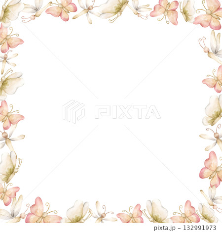 Cute Butterfly Dragonfly Insects Frame. Watercolor hand painted summer pastel neutral isolated illustration on white background for nursery kids baby shower card logo label whimsical mystery princess Cute Butterfly Dragonfly Insects Frame. Watercolor hand painted summer pastel neutral isolated illustration on white background for nursery kids baby shower card logo label whimsical mystery princess 132991973
