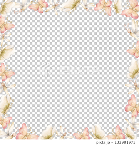 Cute Butterfly Dragonfly Insects Frame. Watercolor hand painted summer pastel neutral isolated illustration on white background for nursery kids baby shower card logo label whimsical mystery princess Cute Butterfly Dragonfly Insects Frame. Watercolor hand painted summer pastel neutral isolated illustration on white background for nursery kids baby shower card logo label whimsical mystery princess 132991973