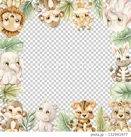 Cute Animals Plants Frame. Safari Jungle Tropical Exotic leaves Watercolor hand painted summer pastel neutral isolated illustration on white background for nursery kids baby shower card logo label Cute Animals Plants Frame. Safari Jungle Tropical Exotic leaves Watercolor hand painted summer pastel neutral isolated illustration on white background for nursery kids baby shower card logo label 132991977