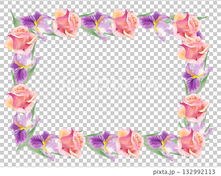 Restangular frame of irises and roses buds. Watercolor handmade illustration. For packaging design, cards, cover, prints, product labels and fabric. Restangular frame of irises and roses buds. Watercolor handmade illustration. For packaging design, cards, cover, prints, product labels and fabric. 132992113