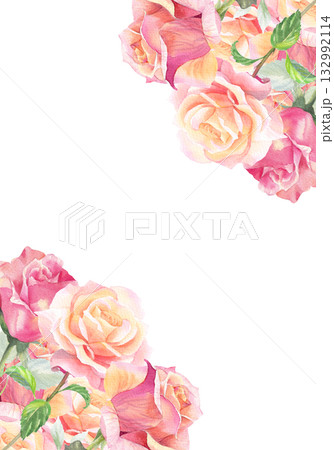 Corners frame of roses. Watercolor handmade illustration. For packaging design, cards, cover, prints, product labels and fabric.  132992114