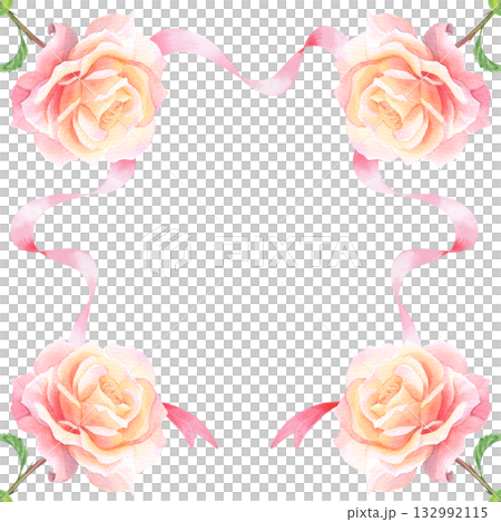 Square frame of roses and silk ribbon. Watercolor handmade illustration. For packaging design, cards, cover, prints, product labels and fabric.  132992115