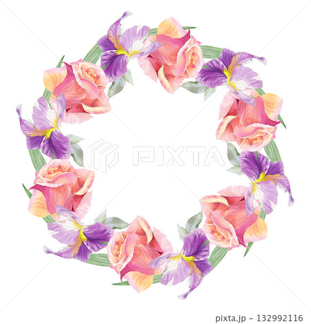 Wreath of irises and roses buds. Watercolor handmade illustration. For packaging design, cards, cover, prints, product labels and fabric.  132992116