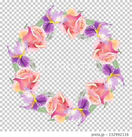 Wreath of irises and roses buds. Watercolor handmade illustration. For packaging design, cards, cover, prints, product labels and fabric. Wreath of irises and roses buds. Watercolor handmade illustration. For packaging design, cards, cover, prints, product labels and fabric. 132992116