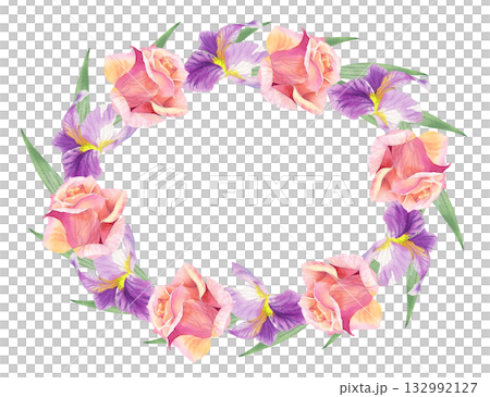 Oval wreath of irises and roses buds. Watercolor handmade illustration. For packaging design, cards, cover, prints, product labels and fabric. Oval wreath of irises and roses buds. Watercolor handmade illustration. For packaging design, cards, cover, prints, product labels and fabric. 132992127