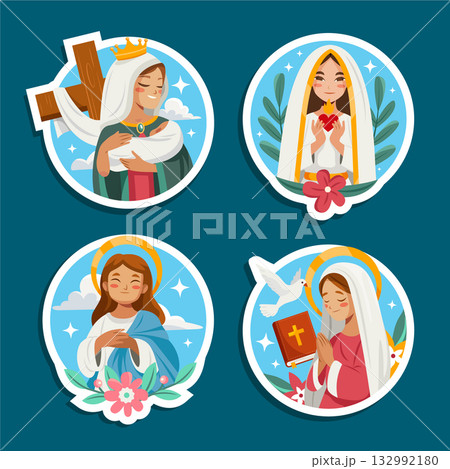 Sticker collection showing virgin figures in circular badge style flat cartoon Sticker collection showing virgin figures in circular badge style flat cartoon 132992180