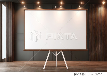 Whiteboard mock up on a wooden floor. Blank white board front. Empty marker board display standing tripod. Banner mockup 3d. Large office projector screen stand set. Flip chart business presentation 132992548