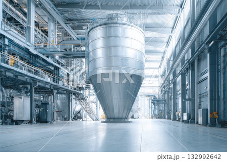 Industrial farm agricultural silos for storage and drying of grains, wheat, corn, soy, sunflower with sunlight. Large metal grain tanks and processing equipment in modern facility. Agriculture, food. 132992642