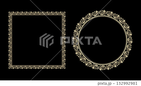 Set of decorative frames Elegant vector element for design in Eastern style, place for text. Floral black and golden borders. Lace illustration for invitations and greeting cards 132992981
