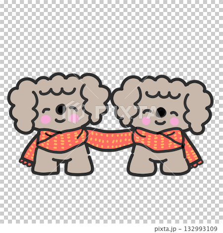 Two toy poodles sharing the same scarf 132993109