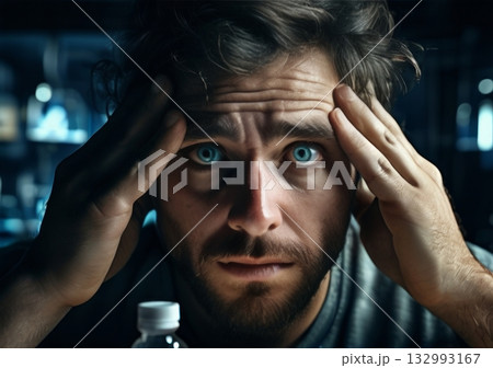 Stressed man holding head shows intense gaze revealing deep mental strain. Mental health of stressed man, emotion and pressure expression. Alcoholism, stress, alcohol dependency concept 132993167
