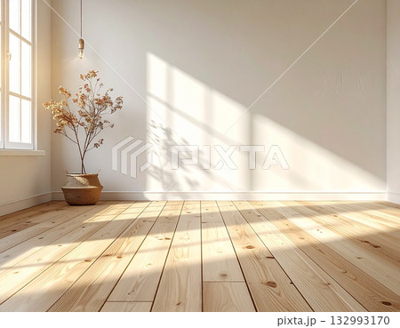 北欧の木壁と光の陰影が美しい背景 132993170