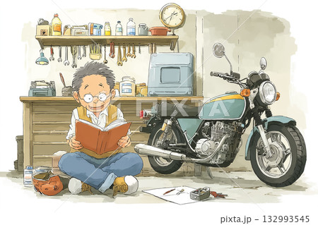 バイクのメンテナンスを楽しむシニア男性 バイクのメンテナンスを楽しむシニア男性 132993545