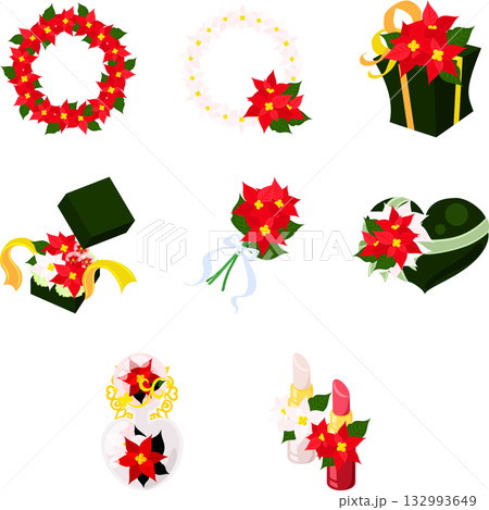 ポインセチアをテーマにした、華やかで可愛いイラストセットです 132993649