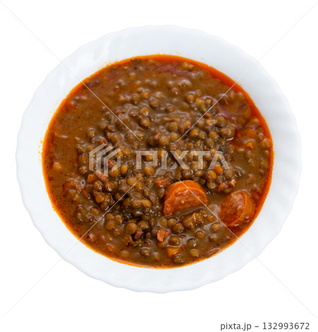 Lentil soup with meat and vegetables 132993672
