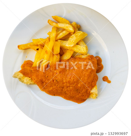 Piece of fried cod fillet covered with pureed thick escalivada sauce Piece of fried cod fillet covered with pureed thick escalivada sauce 132993697