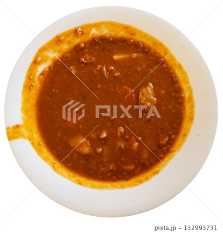 Red lentil soup with carrots and pork pieces 132993731