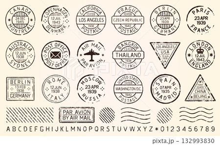 Vintage Travel Stamps Grunge Postage Stamp Set. Old Destination Post Stamp Collection. Retro Grunge Postmark. Vintage Grunge Postage Stamp. Postal Vector Illustration Image. Isolated On Background. 132993830