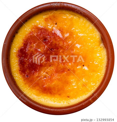 Catalan cream delicious dessert with sugar toast closeup. Typical in Catalonia Spain 132993854