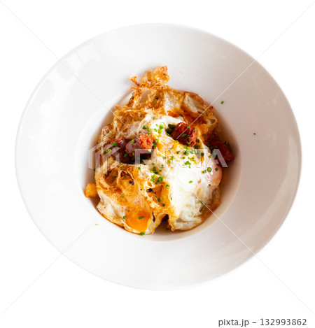 Scrambled eggs with sausage and potatoes. Scrambled eggs with sausage and potatoes. 132993862