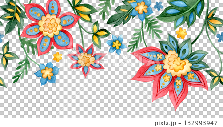 Seamless border in oriental style. Watercolor illustration with a folk style floral ornament. Seamless border in oriental style. Watercolor illustration with a folk style floral ornament. 132993947
