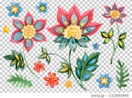 set of elements in oriental style. Watercolor illustration folk style floral ornament. set of elements in oriental style. Watercolor illustration folk style floral ornament. 132993948