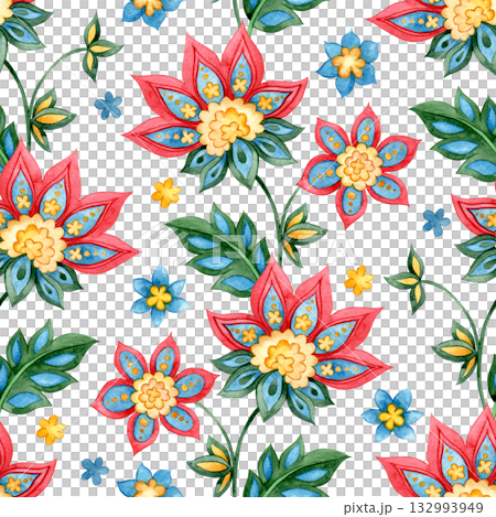 Seamless pattern in oriental style. Watercolor print with a folk style floral ornament. Seamless pattern in oriental style. Watercolor print with a folk style floral ornament. 132993949