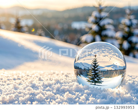 ガラスの球に閉じ込めた雪の風景 132993953