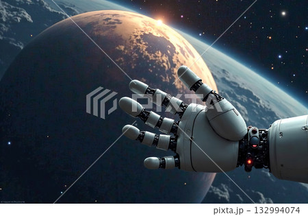 Robot astronaut space, artificial intelligence hold planet hands. AI Generative Robot astronaut space, artificial intelligence hold planet hands. AI Generative 132994074