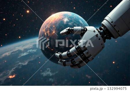 Robot astronaut space, artificial intelligence hold planet hands. AI Generative Robot astronaut space, artificial intelligence hold planet hands. AI Generative 132994075