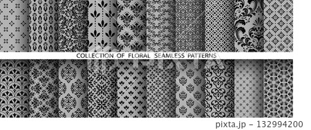 Geometric floral set of seamless patterns. Gray and black vector backgrounds. Damask graphic ornaments 132994200