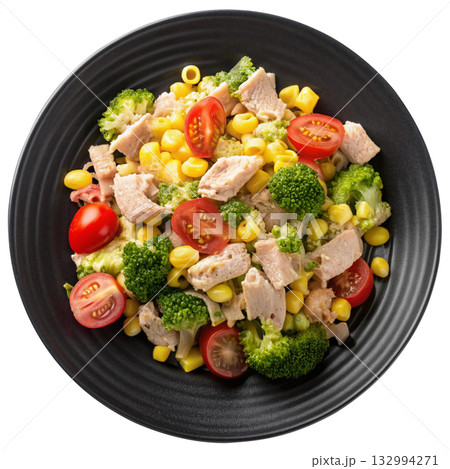 tuna and corn pasta salad with tomatoes and broccoli  132994271